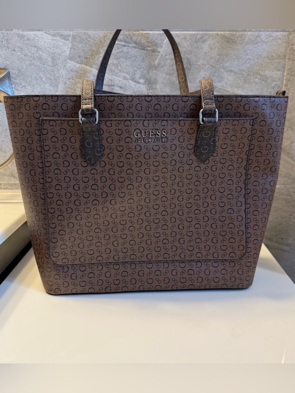 Guess Brown Monogram Tote With Cream Interior